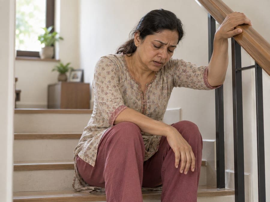 Woman sitting tired on a staircase, holding the railing