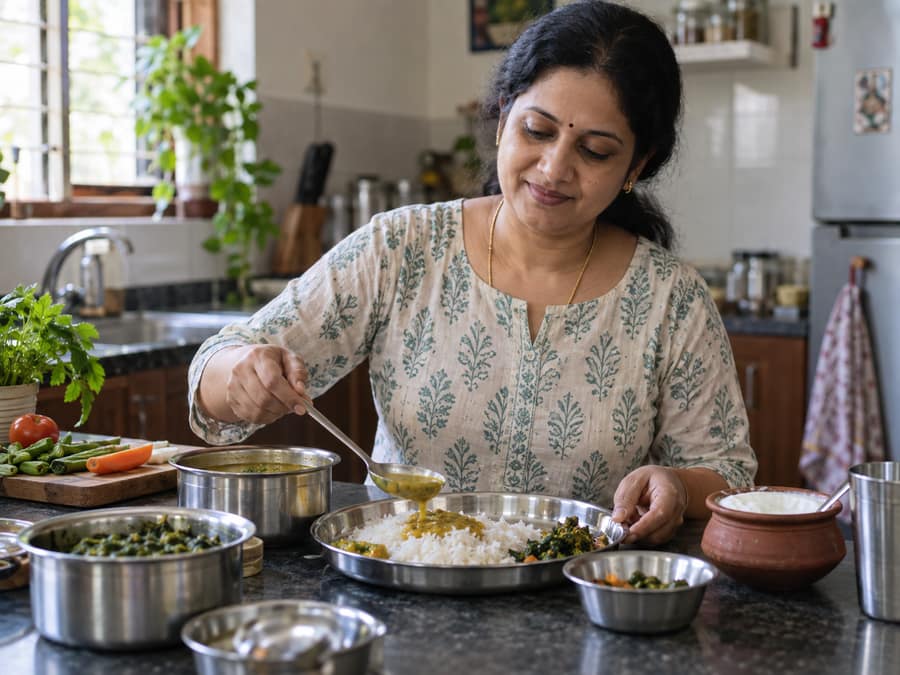 South Indian woman preparing a balanced everyday meal at home