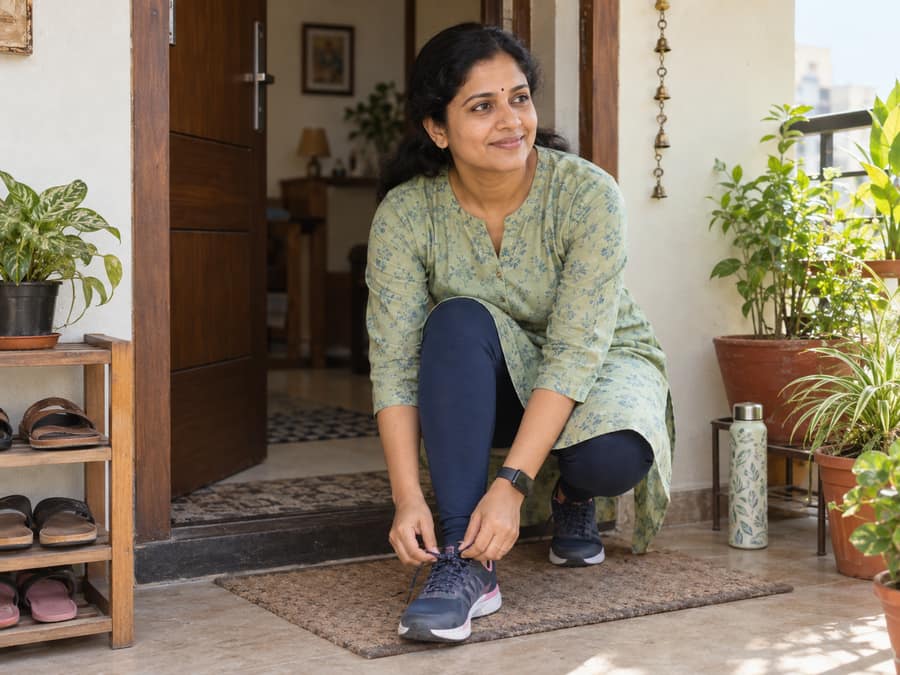 South Indian woman tying walking shoes at her doorway