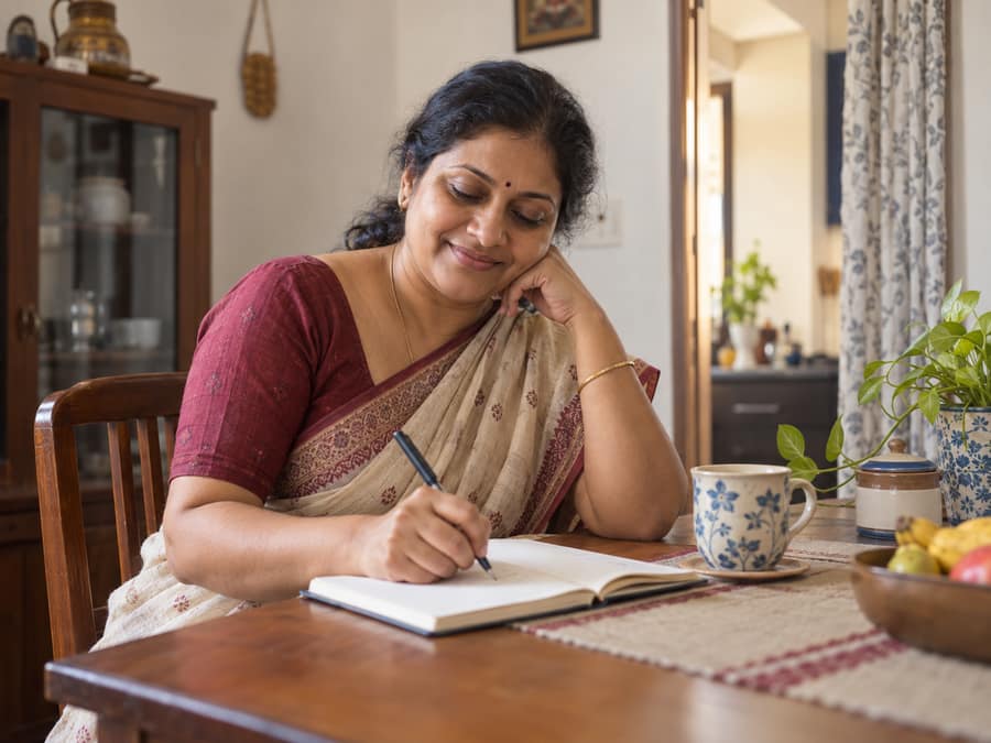 South Indian woman journaling calmly at a dining table