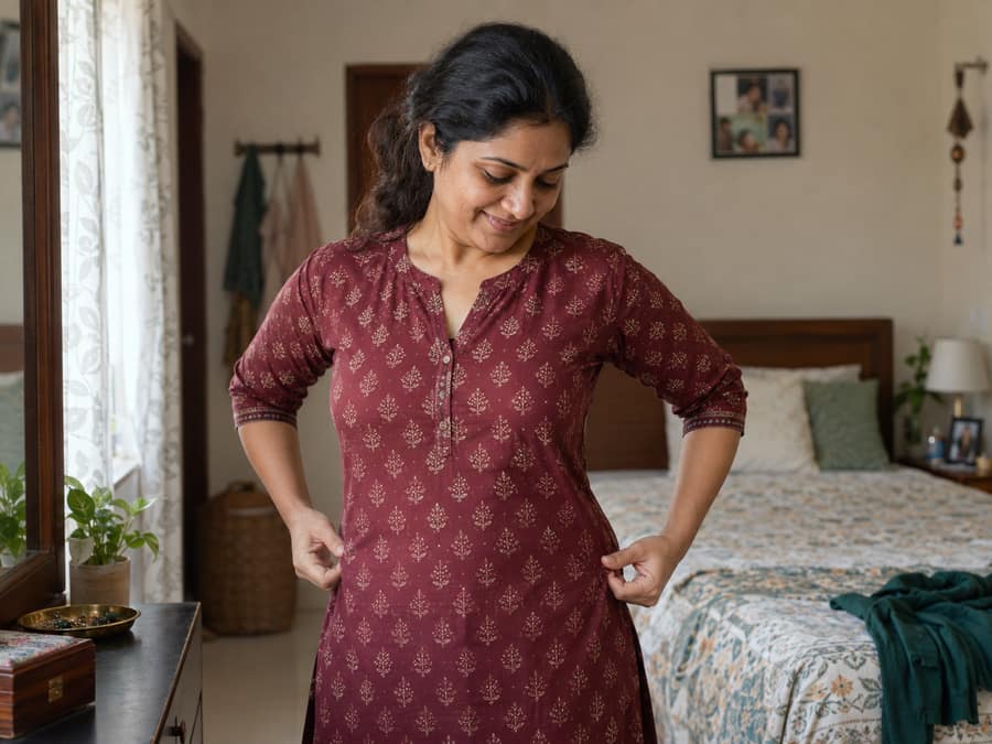 South Indian woman feeling hopeful while checking the fit of comfortable clothes