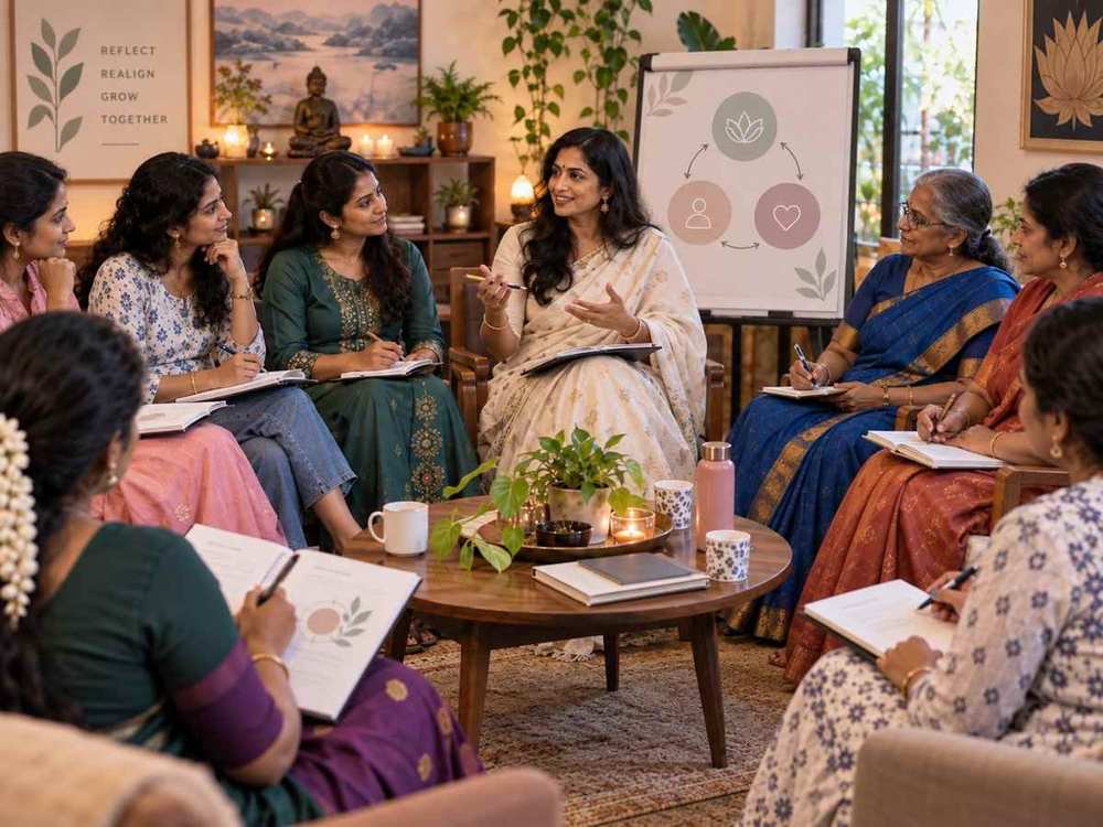 Small-group coaching session with women reflecting, realigning and growing together