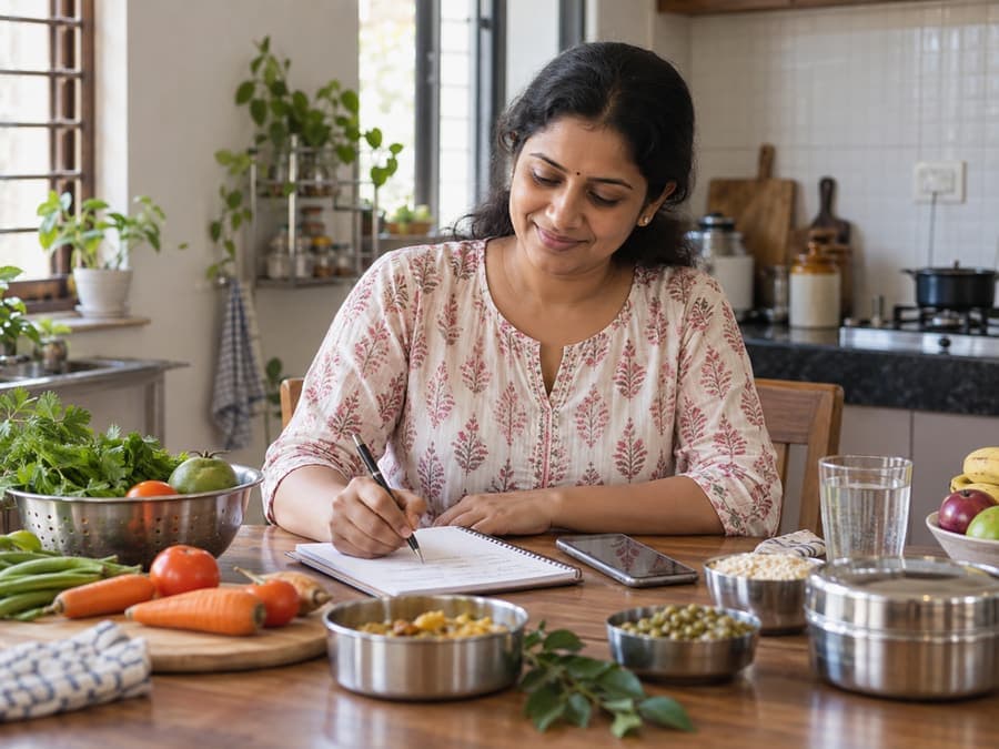 South Indian woman planning practical meals in a simple home kitchen
