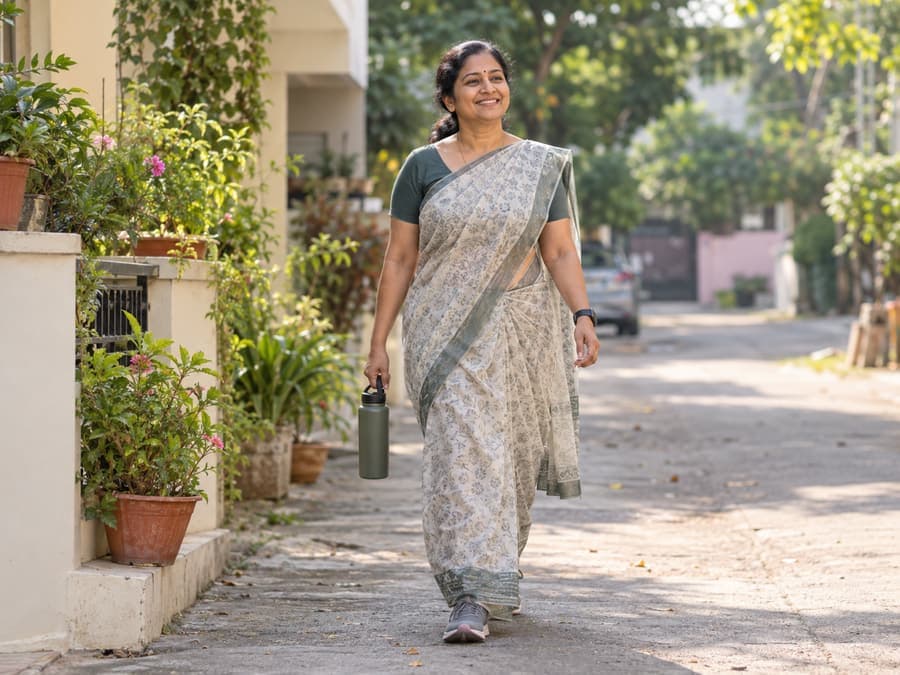 South Indian woman walking confidently in her neighborhood after building healthy habits